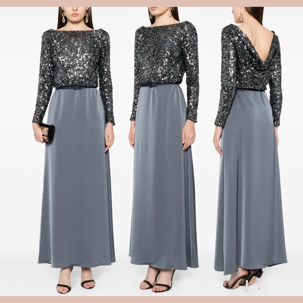NWT $950 Sachin & Babi [ 14 ] Colette Belted‎ Sequin & Satin Gown Gunmetal J1549